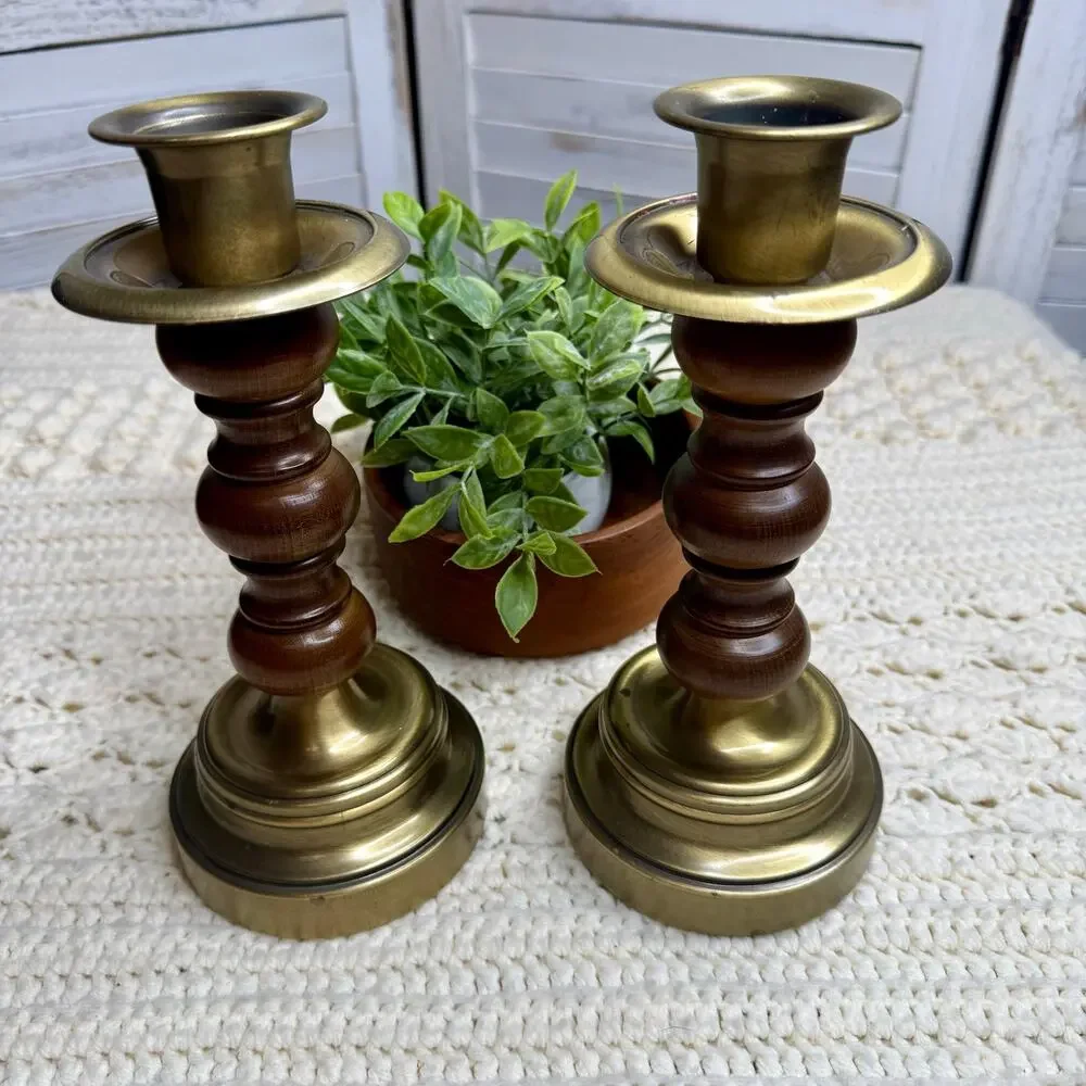 Vintage Mid Century Brass and Wood Candlestick Holders Set of Two Heavy